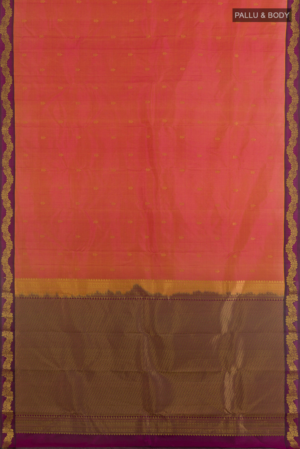 Flat view of Pure Silk Pinkish Yellow Dual Tone Kanchipuram Saree with Zari Butta on the body and Zari Border. 