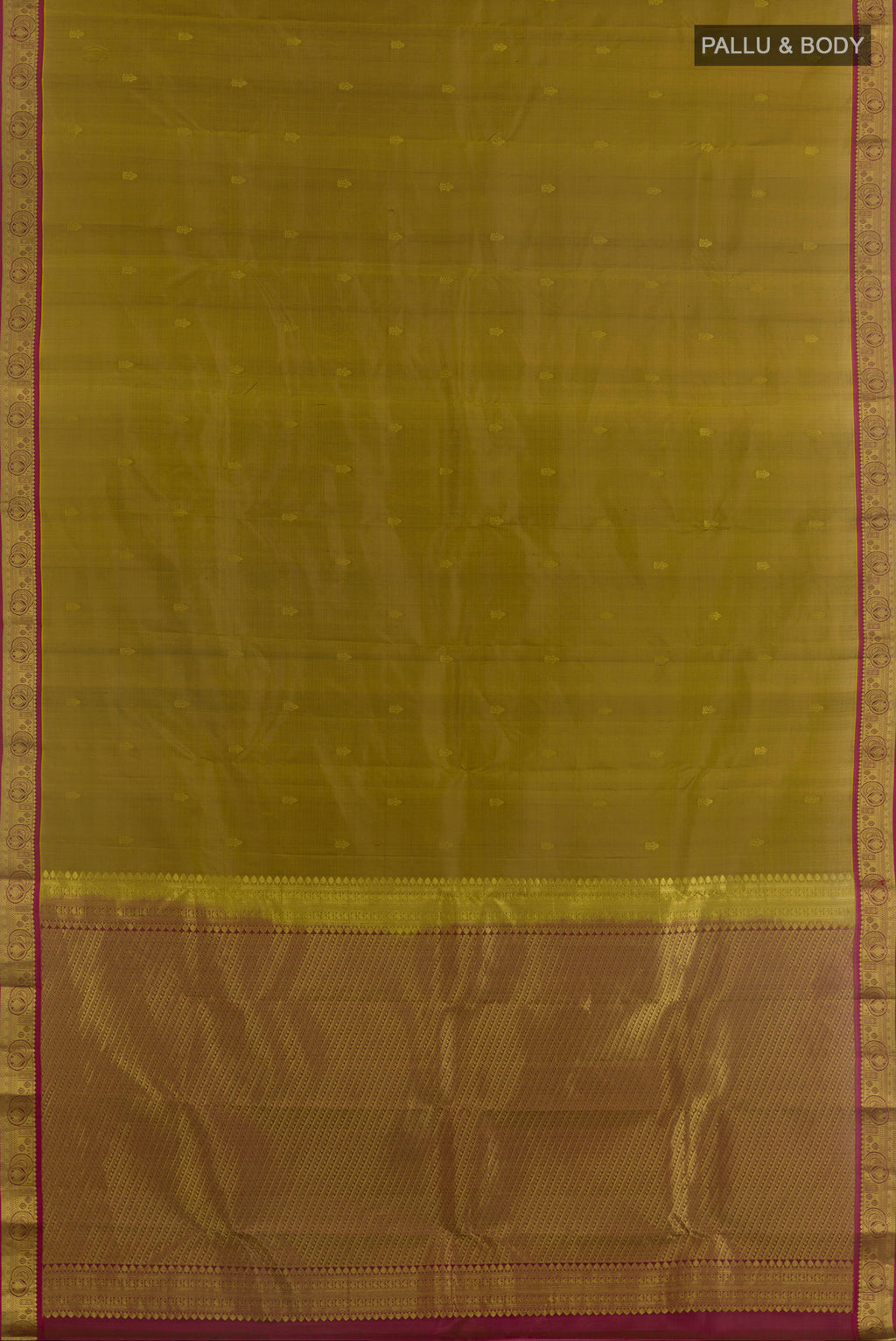 Flat view of Pure Silk Mehandi Green Kanchipuram Saree with Zari Butta on the body and Zari Border. 