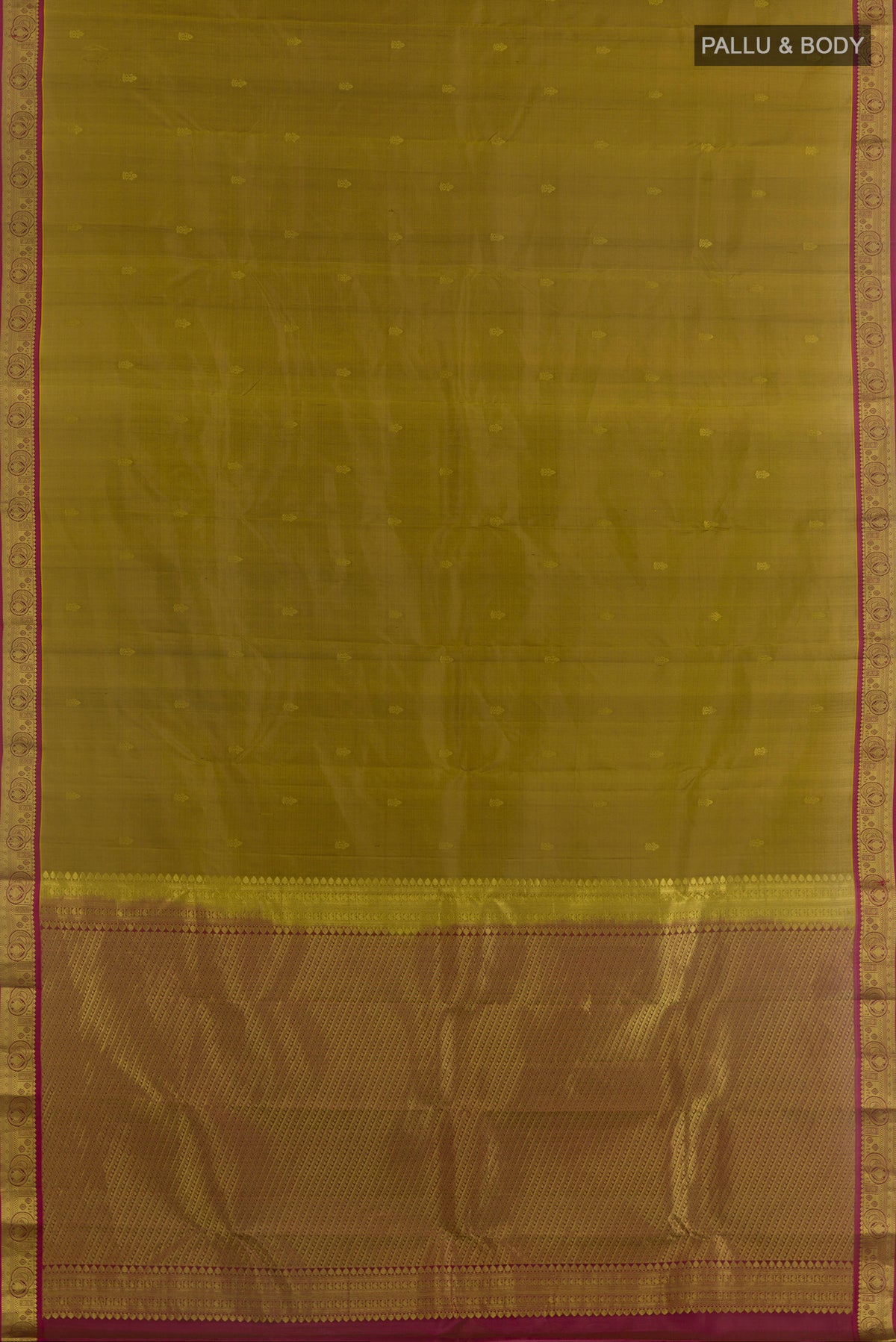 Flat view of Pure Silk Mehandi Green Kanchipuram Saree with Zari Butta on the body and Zari Border. 