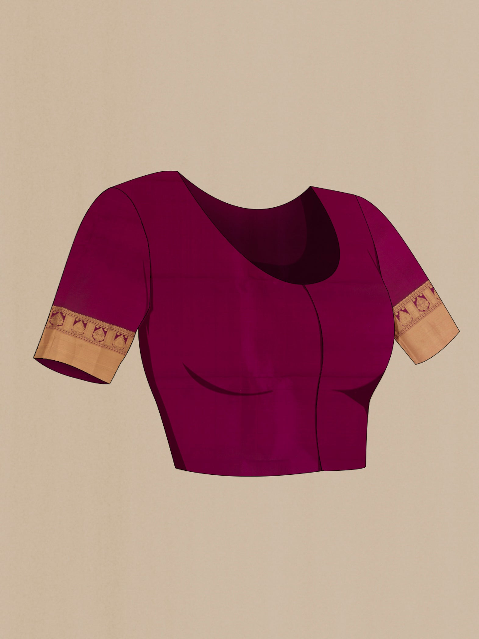 Close up image of the blouse of Pure Silk Magenta Kanjivaram Saree with Zari Butta on the body and Zari Border. 