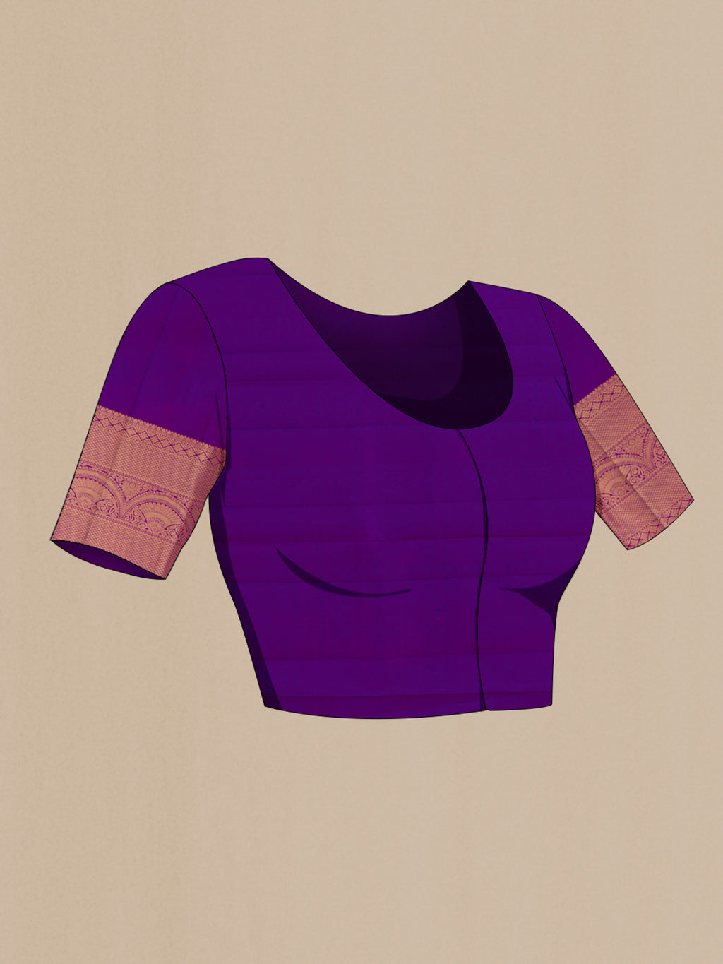 Close up image of the blouse of Pure Silk Purple Kanchipuram Saree with Zari Butta on the body and Zari Border. 