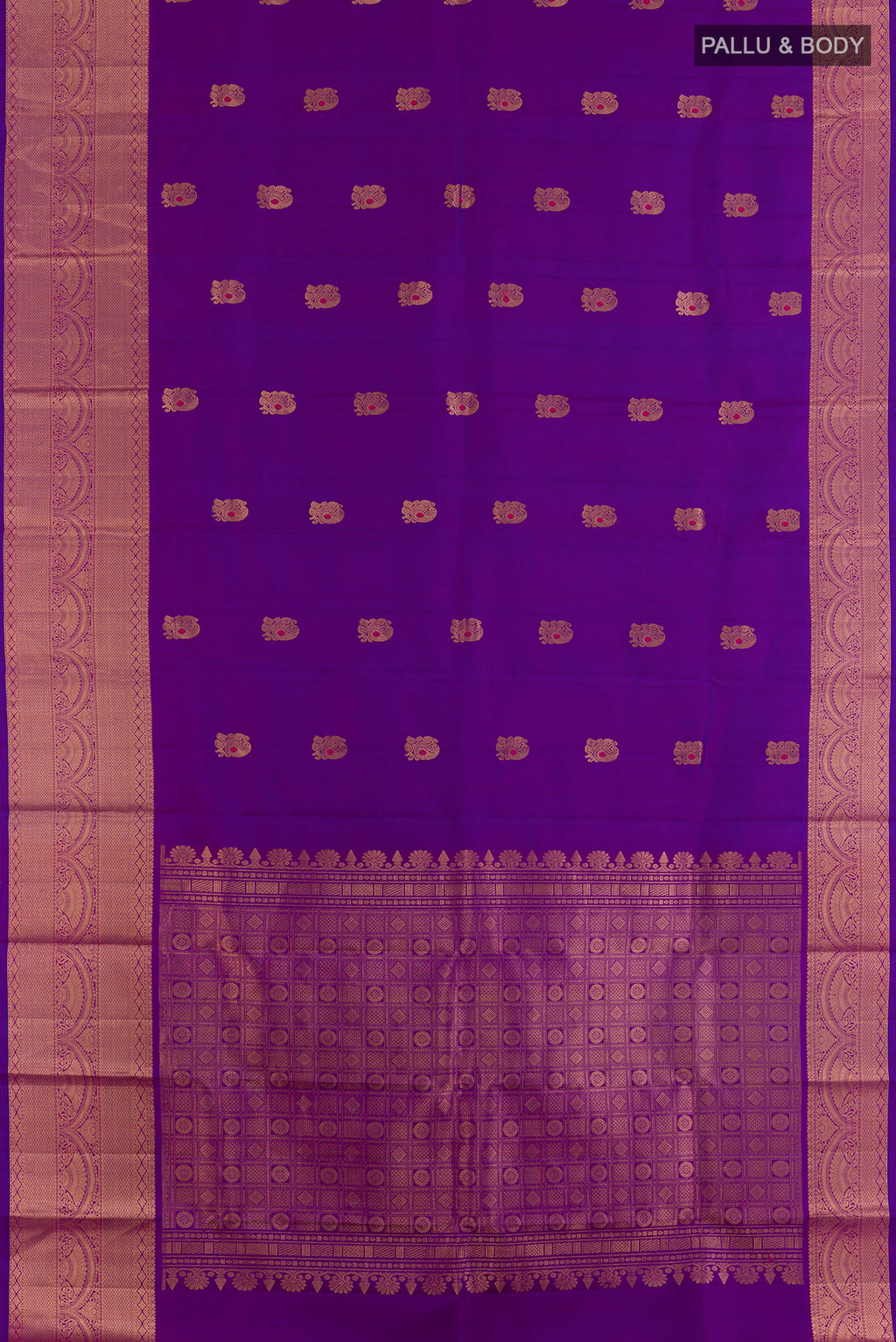 Flat view of Pure Silk Purple Kanchipuram Saree with Zari Butta on the body and Zari Border. 