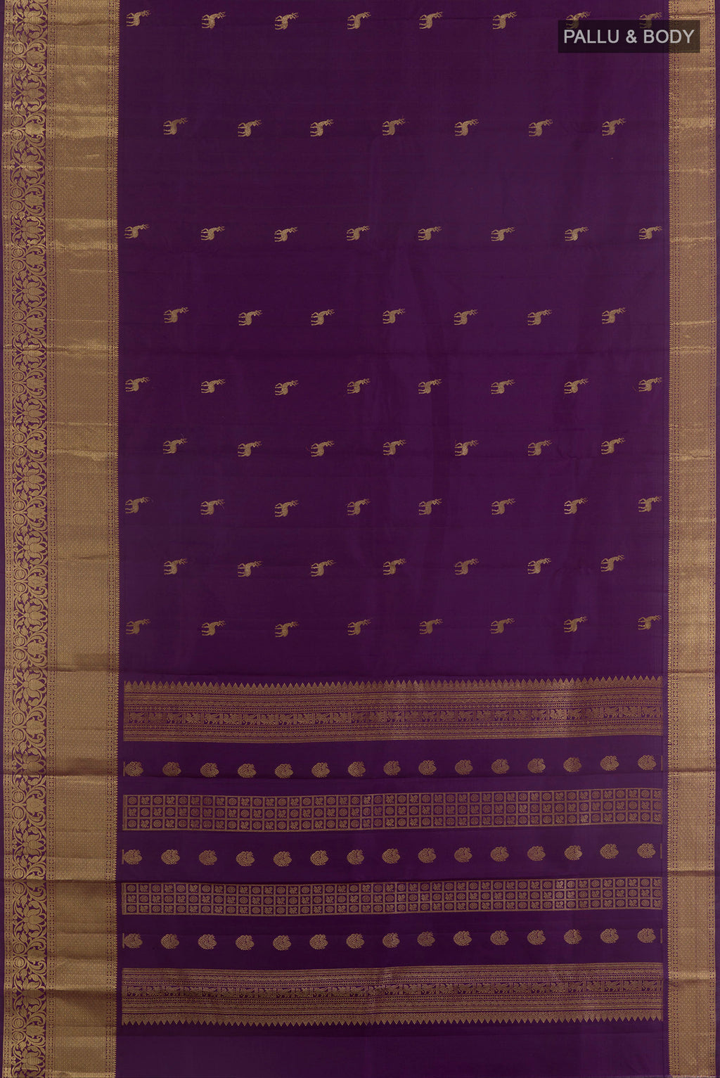Flat view of Pure Silk Purple Kanchipuram Saree with Zari Butta on the body and Zari Border. 