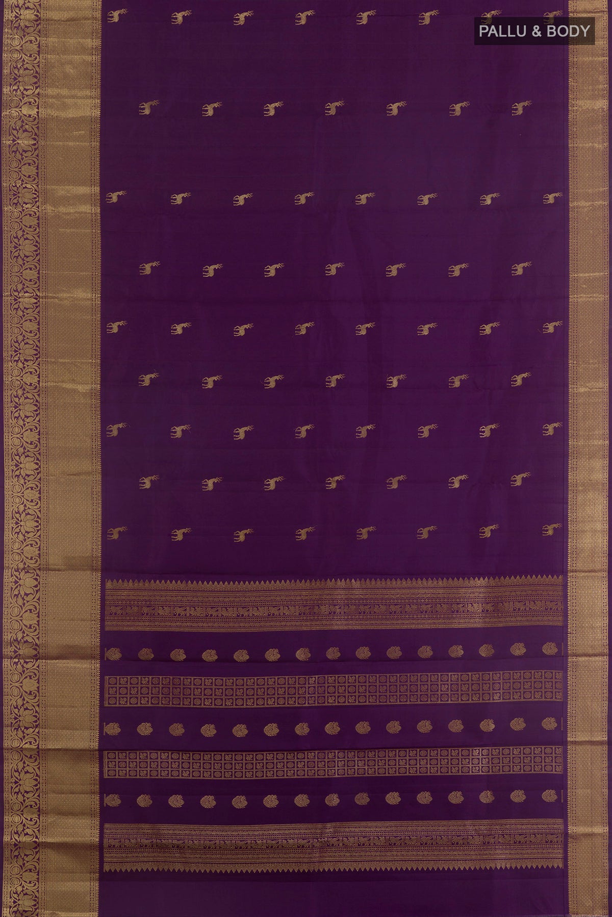 Flat view of Pure Silk Purple Kanchipuram Saree with Zari Butta on the body and Zari Border. 