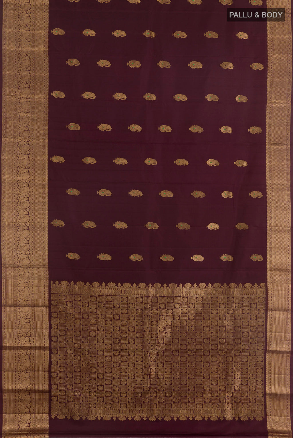 Flat view of Pure Silk Coffee Brown Kanchipuram Saree with Zari Butta on the body and Zari Border. 
