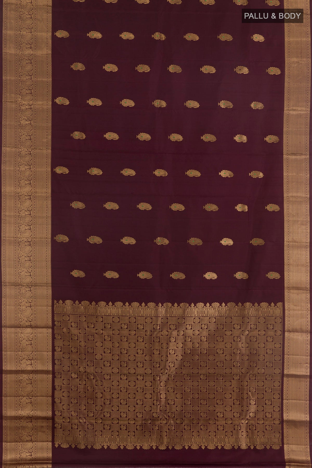 Flat view of Pure Silk Coffee Brown Kanchipuram Saree with Zari Butta on the body and Zari Border. 