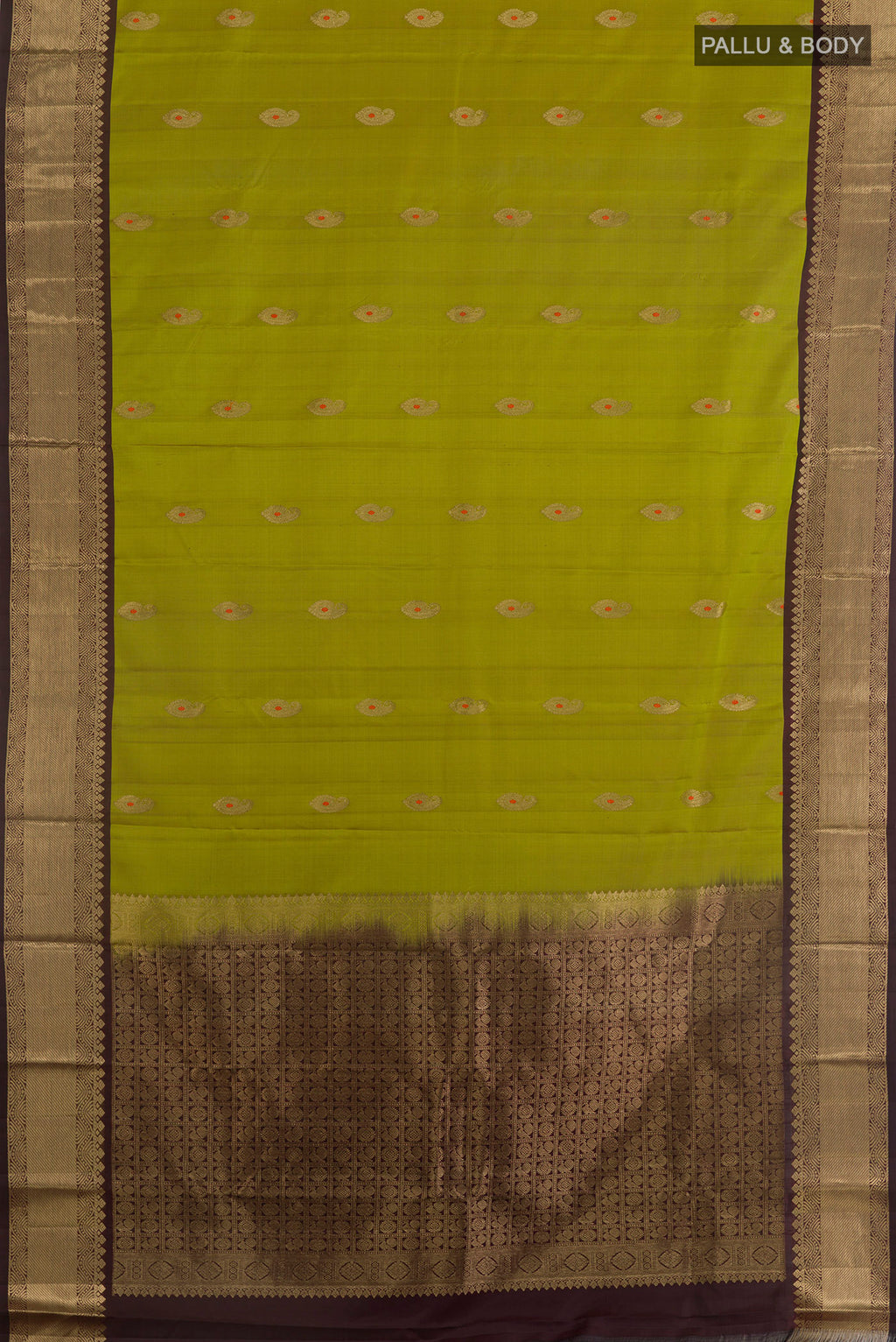 Flat view of Pure Silk Mehandi Green Kanchipuram Saree with Zari Butta on the body and Zari Border. 