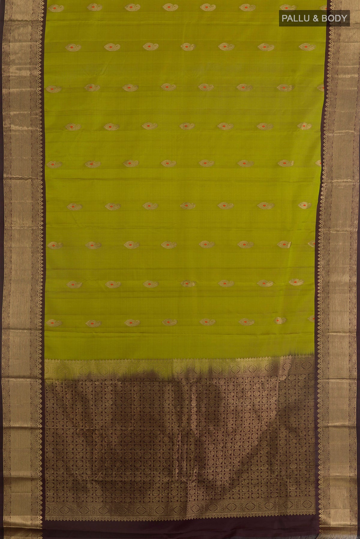 Flat view of Pure Silk Mehandi Green Kanchipuram Saree with Zari Butta on the body and Zari Border. 