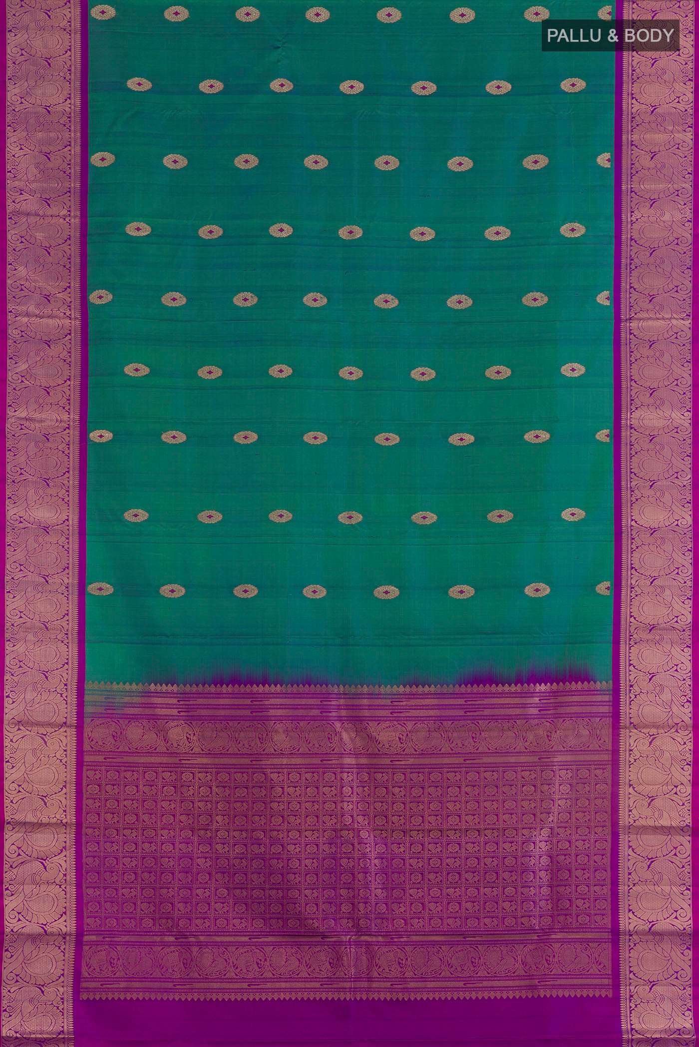 Flat view of Pure Silk Peacock Blue Kanchipuram Saree with Zari Butta on the body and Zari Border. 