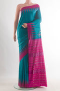 Blue Tussar Saree with Plain Body and Temple Border.  displayed on a mannequin