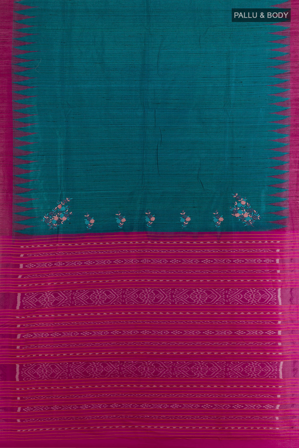 Flat view of Blue Tussar Saree with Plain Body and Temple Border. 