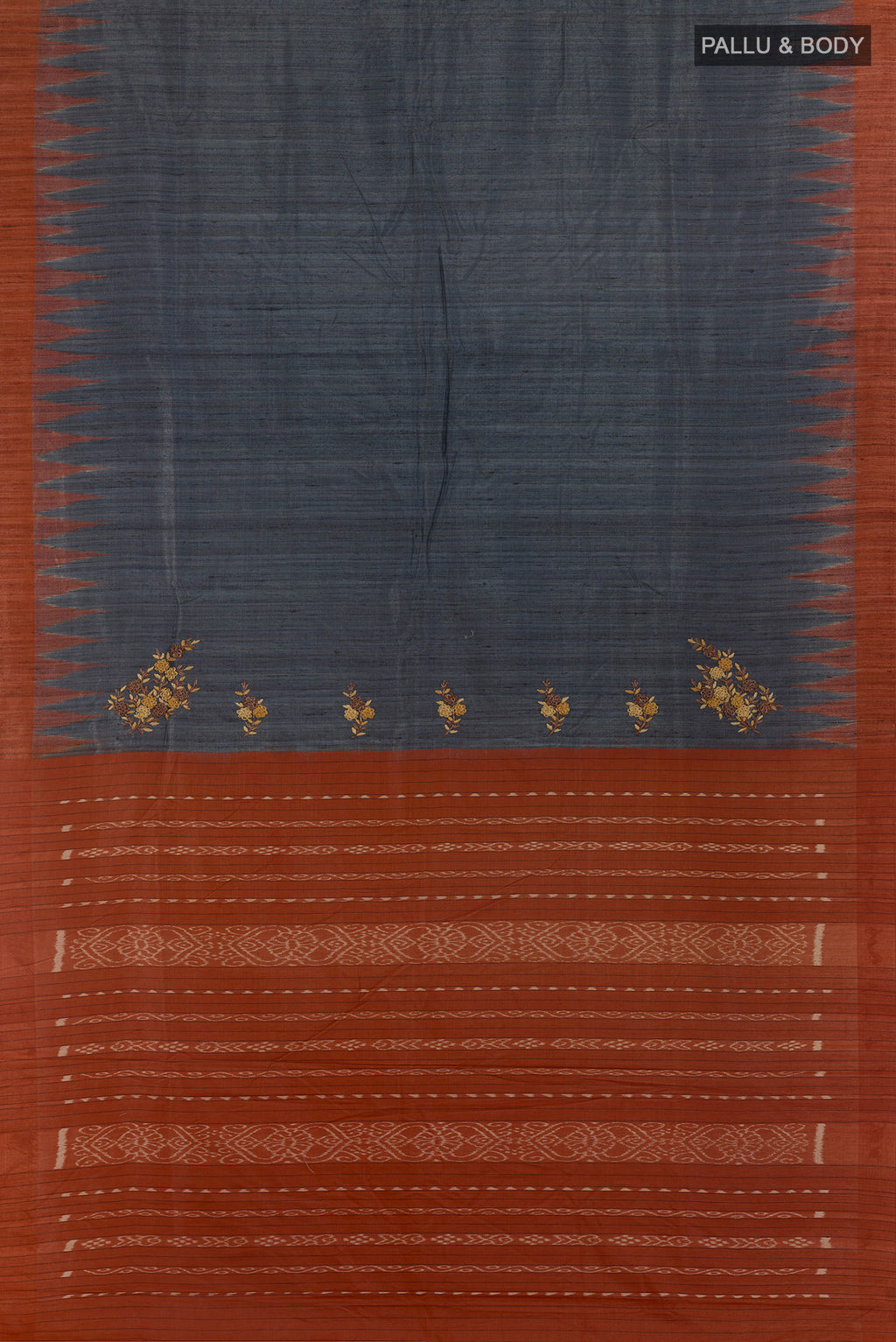 Flat view of Grey Tussar Saree with Plain Body and Temple Border. 