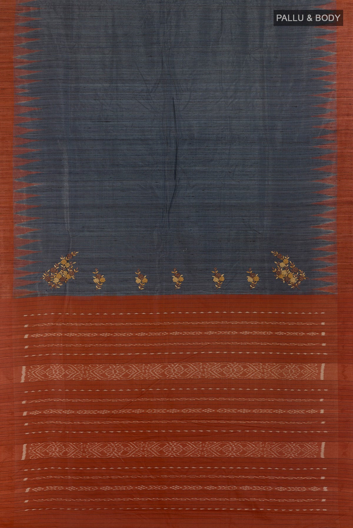 Flat view of Grey Tussar Saree with Plain Body and Temple Border. 