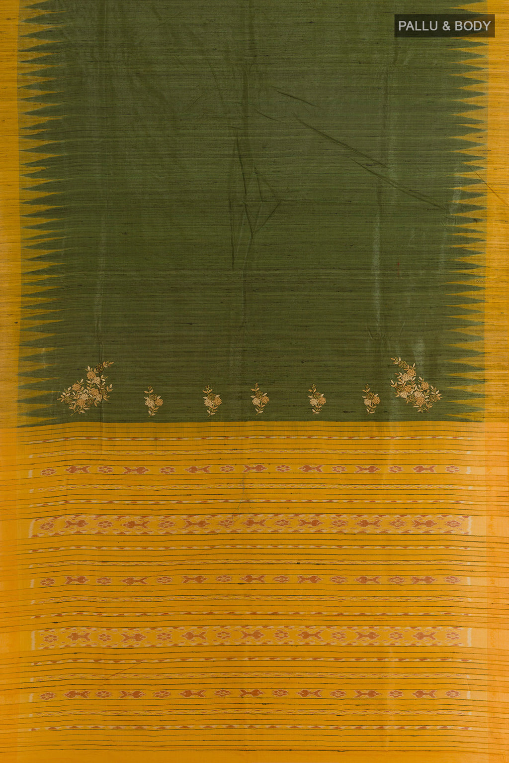 Flat view of Green Tussar Saree with Plain Body and Temple Border. 