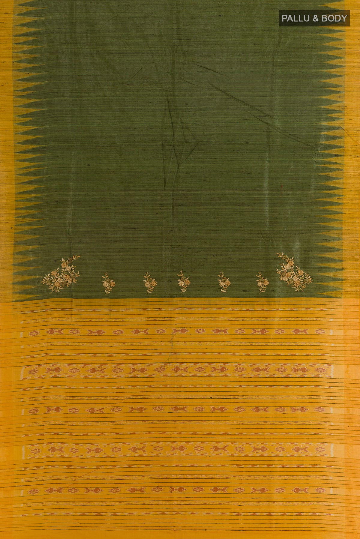 Flat view of Green Tussar Saree with Plain Body and Temple Border. 