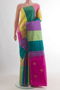 Pure Silk Multi Color Kanchipuram Saree with Stripes on the body and Thin Zari Line.  displayed on a mannequin