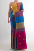 Pure Silk Multi Color Kanchipuram Saree with Stripes on the body and Thin Zari Line.  displayed on a mannequin