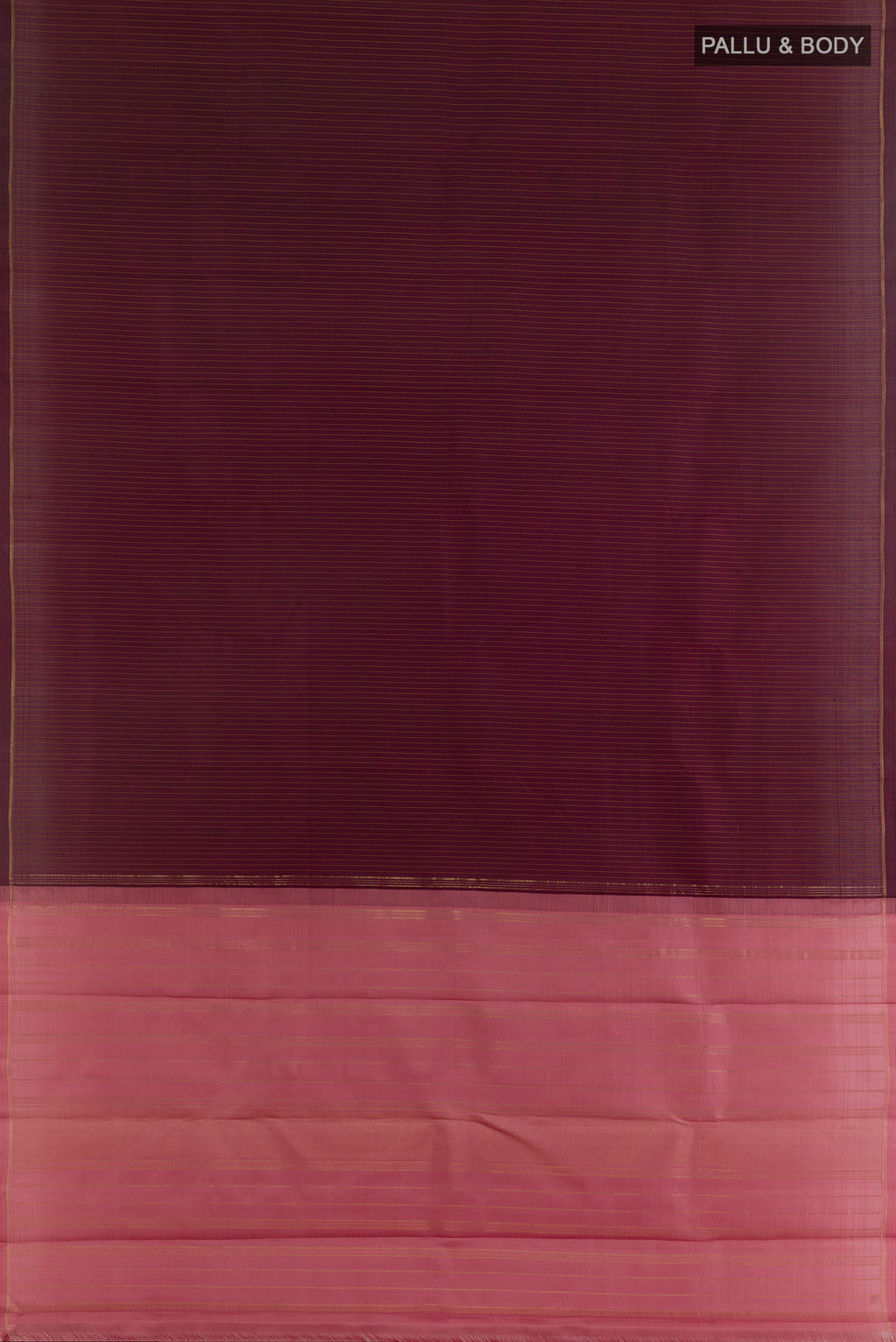 Flat view of Pure Silk Brown Kanjivaram Saree with Stripes on the body and Thin Zari Line. 