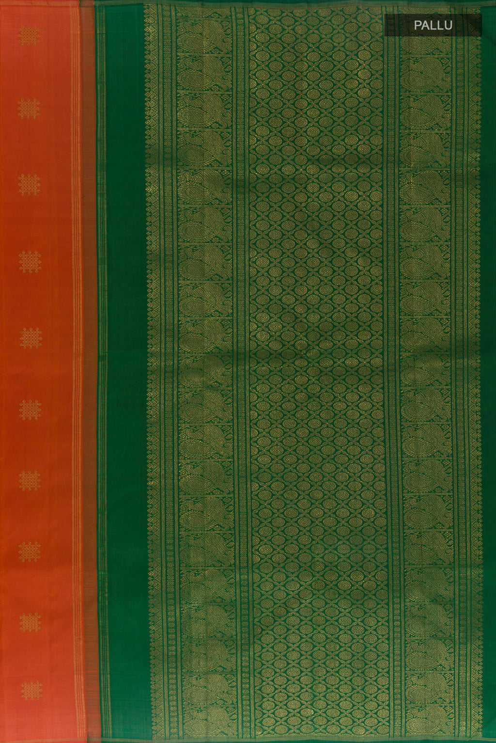 Close up image of the pallu of Pure Silk Pure Zari Brick Orange Kanchipuram Saree with Zari Butta on the body and Zari Border. 