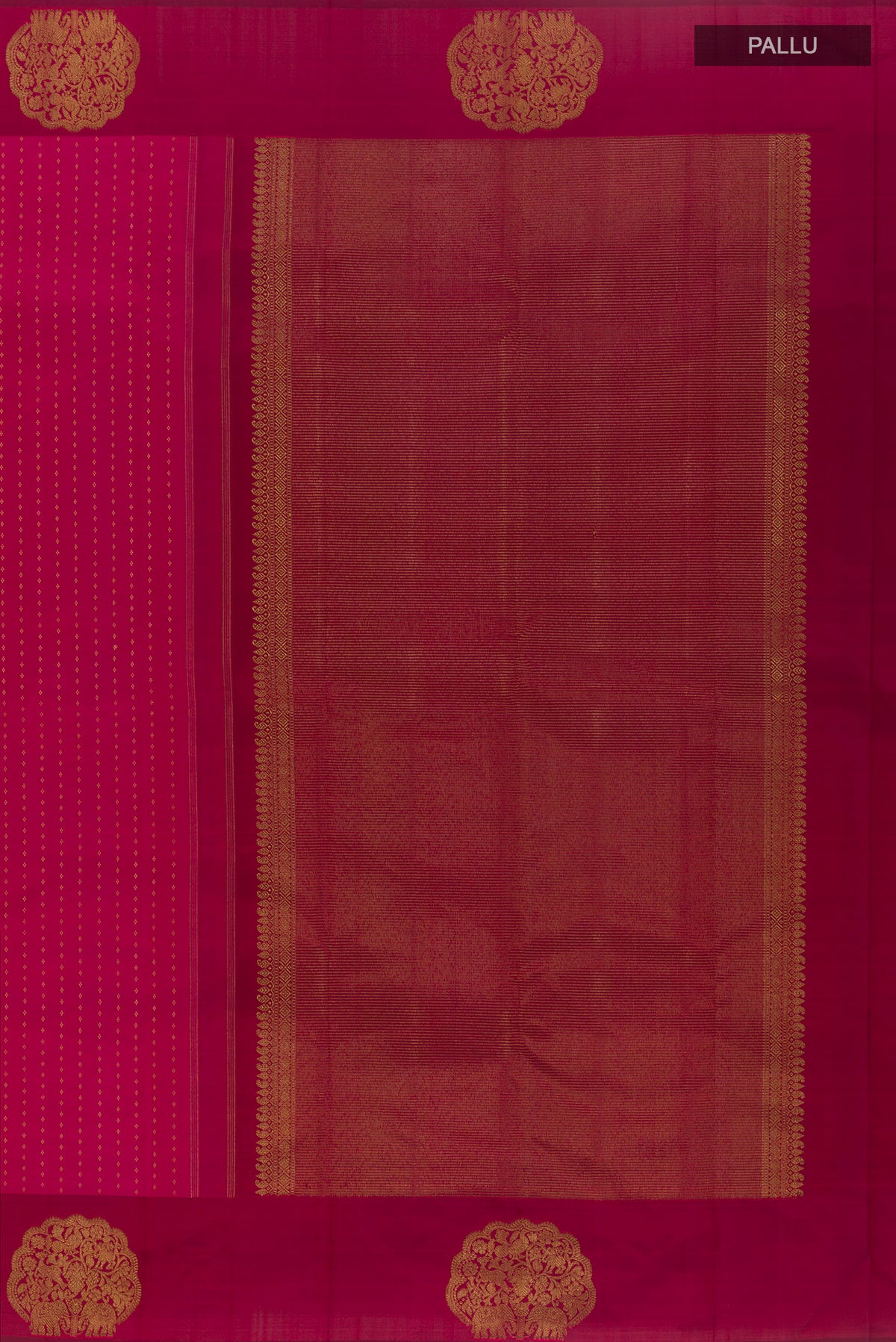 Close up image of the pallu of Pure Silk Rani Pink Kanchipuram Saree with Zari Butta on the body and Fancy Border. 