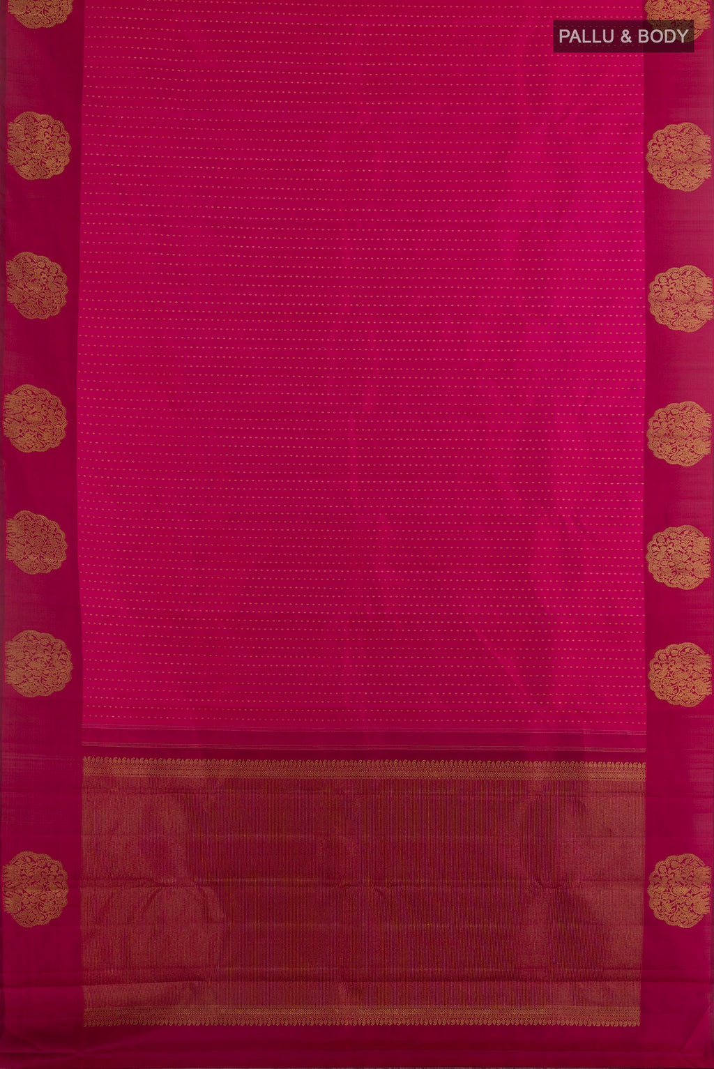 Flat view of Pure Silk Rani Pink Kanchipuram Saree with Zari Butta on the body and Fancy Border. 