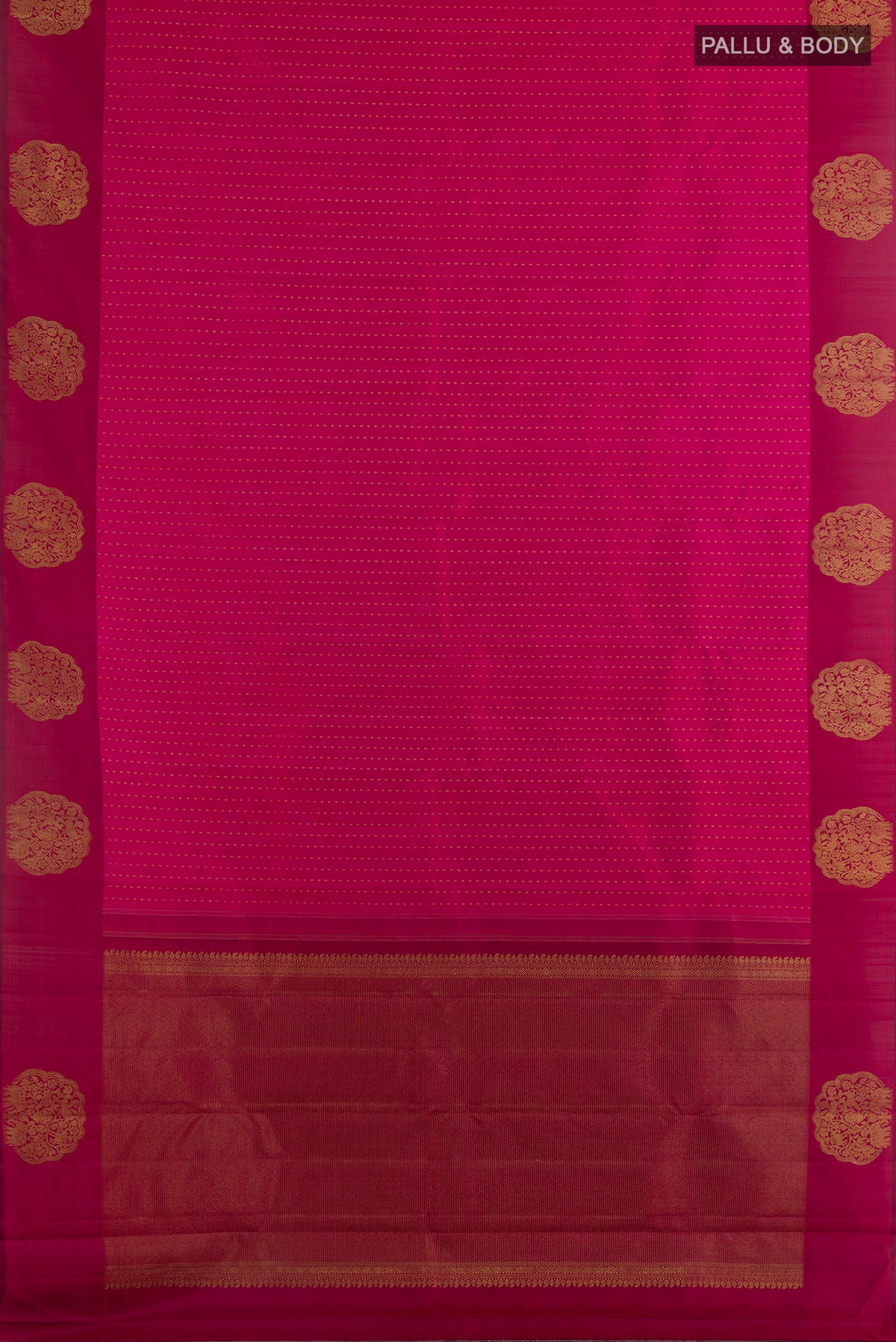 Flat view of Pure Silk Rani Pink Kanchipuram Saree with Zari Butta on the body and Fancy Border. 