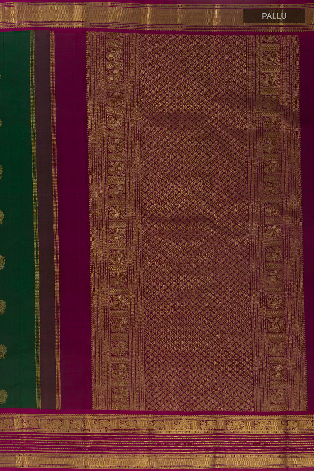 Close up image of the pallu of Pure Silk Pure Zari Green Kanjivaram Saree with Zari Butta on the body and Zari Border. 