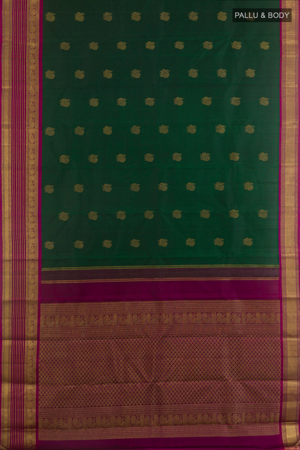 Flat view of Pure Silk Pure Zari Green Kanjivaram Saree with Zari Butta on the body and Zari Border. 
