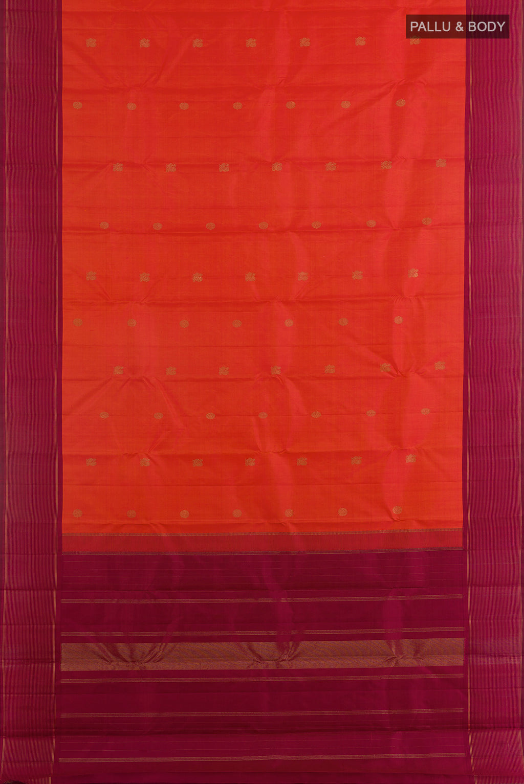 Flat view of Pure Silk Orange Kanchipuram Saree with Zari Butta on the body and Plain Border. 