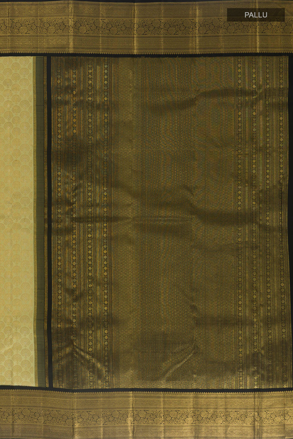 Close up image of the pallu of Pure Silk Cream Kanjivaram Saree with Zari Brocade on the body and Zari Border. 