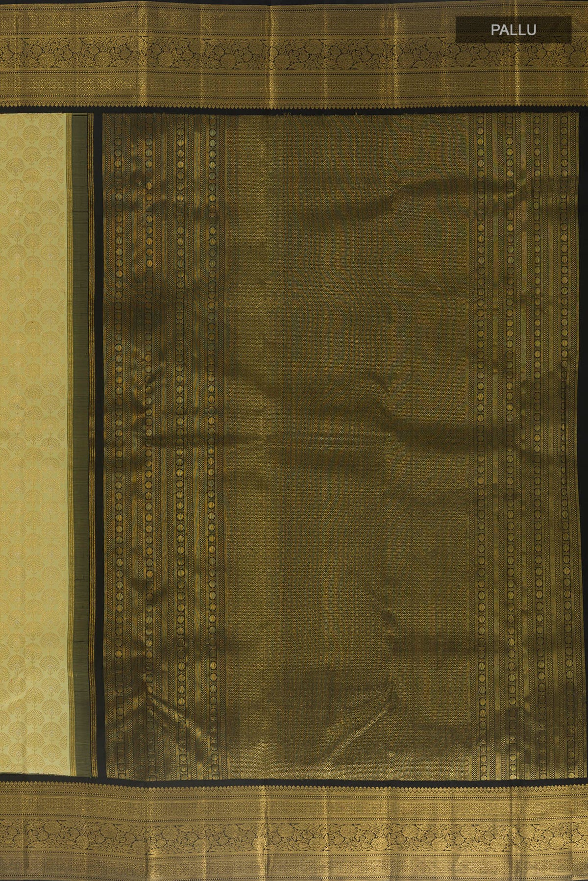 Close up image of the pallu of Pure Silk Cream Kanjivaram Saree with Zari Brocade on the body and Zari Border. 