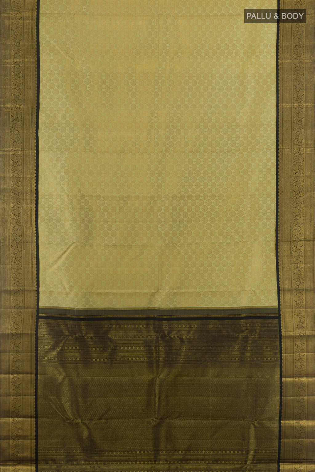 Flat view of Pure Silk Cream Kanjivaram Saree with Zari Brocade on the body and Zari Border. 