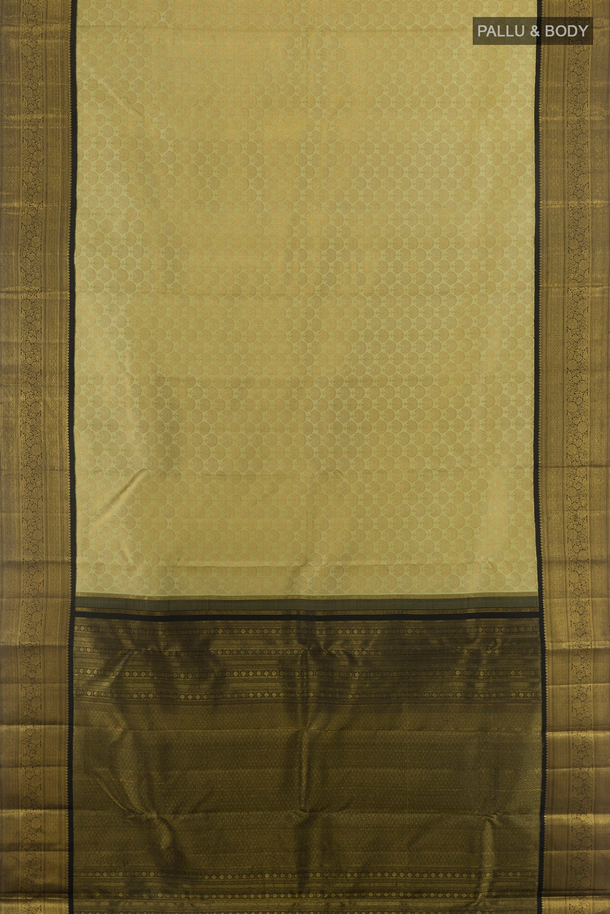 Flat view of Pure Silk Cream Kanjivaram Saree with Zari Brocade on the body and Zari Border. 