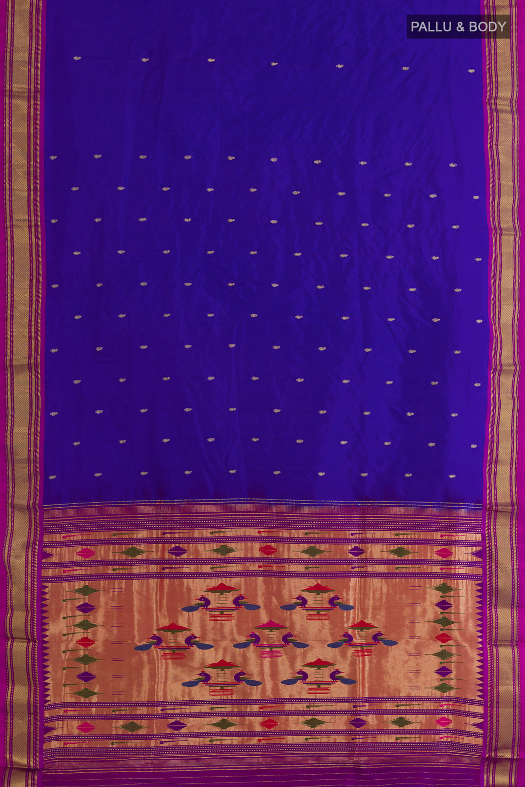 Flat view of Pure Silk Blue Paithani Saree with Zari Butta on the body and Zari Border. 