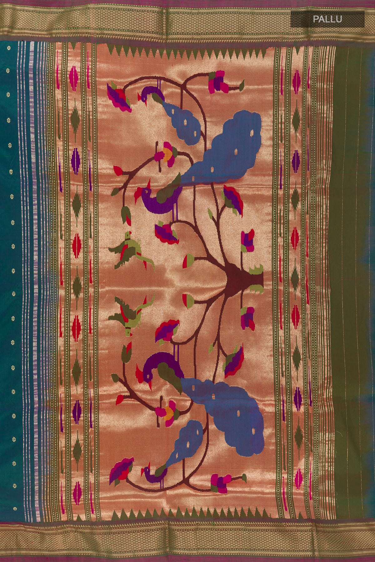 Close up image of the pallu of Pure Silk Peacock Blue Dual Tone Paithani Saree with Zari Butta on the body and Zari Border. 