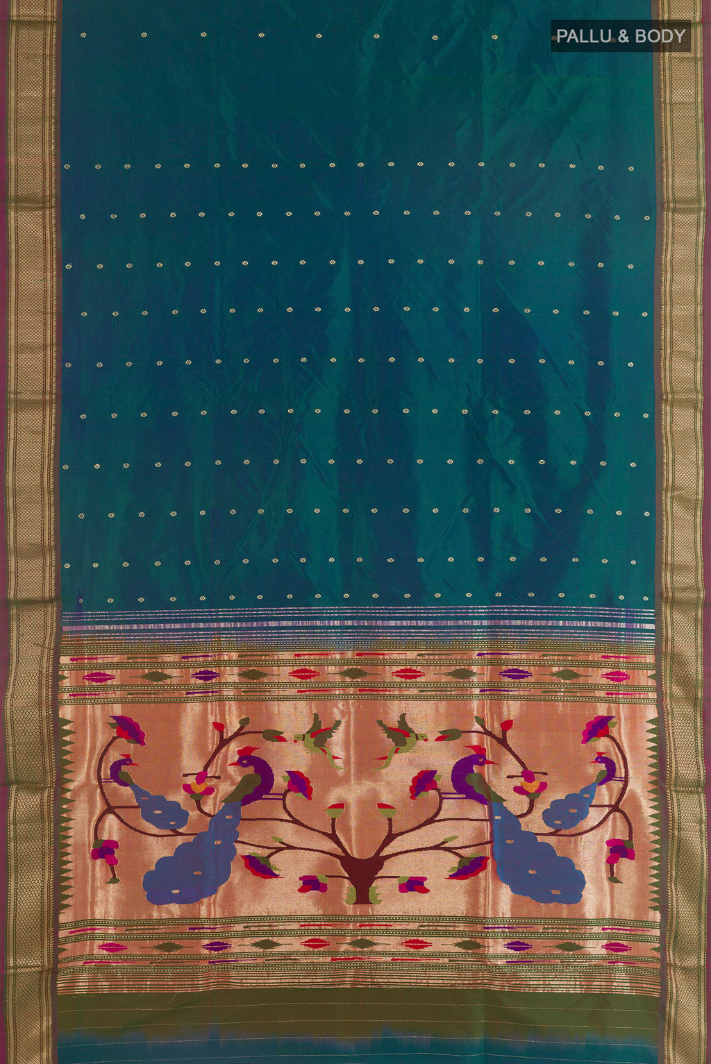 Flat view of Pure Silk Peacock Blue Dual Tone Paithani Saree with Zari Butta on the body and Zari Border. 