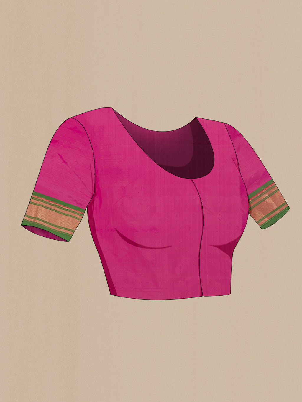Close up image of the blouse of Pure Silk Pink Paithani Saree with Zari Butta on the body and Zari Border. 