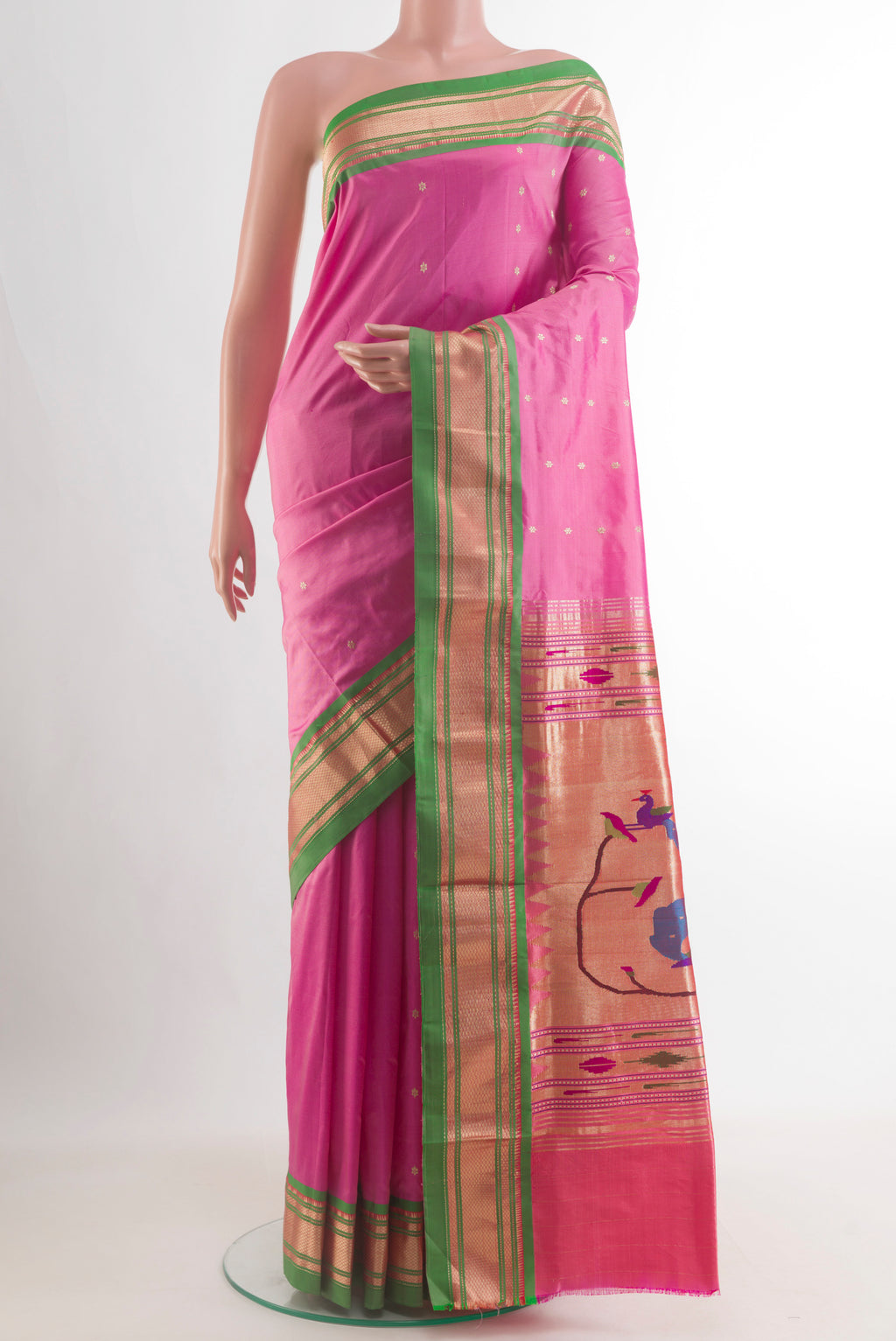 Pure Silk Pink Paithani Saree with Zari Butta on the body and Zari Border.  displayed on a mannequin