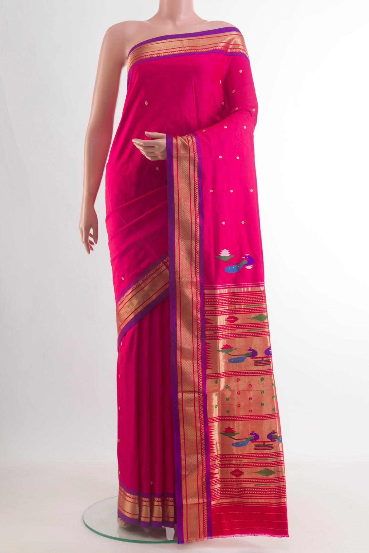Pure Silk Pink Paithani Saree with Zari Butta on the body and Zari Border.  displayed on a mannequin