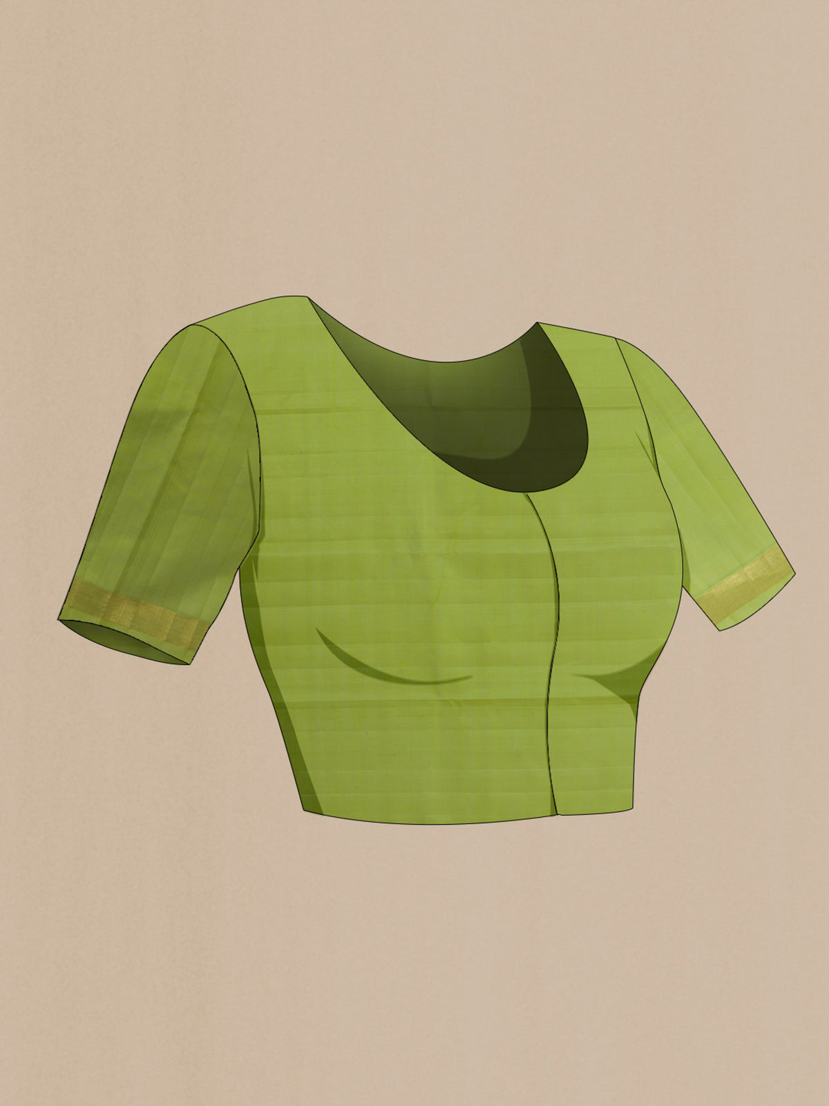 Close up image of the blouse of Pure Silk Green Kanjivaram Saree with Plain Body and Zari Border. 