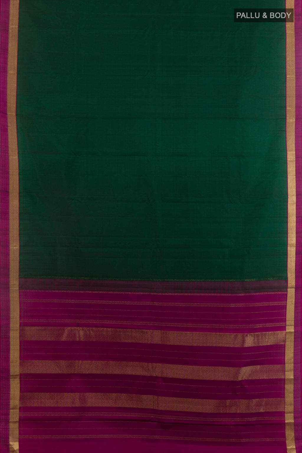 Flat view of Pure Silk Bottle Green Kanjivaram Saree with Plain Body and Zari Border. 