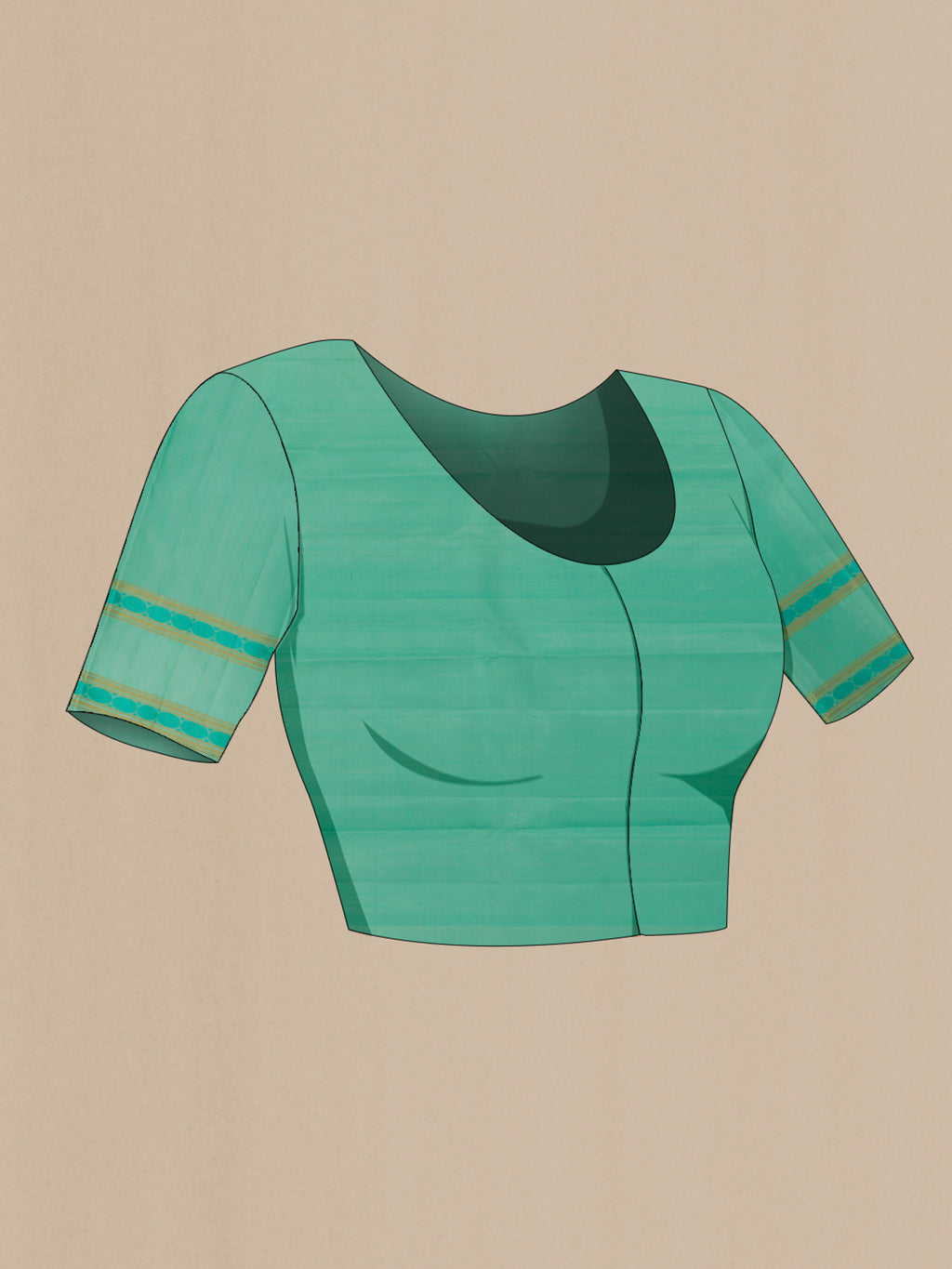 Close up image of the blouse of Pure Silk Sea Green Kanjivaram Saree with Zari Butta on the body and Zari Border. 