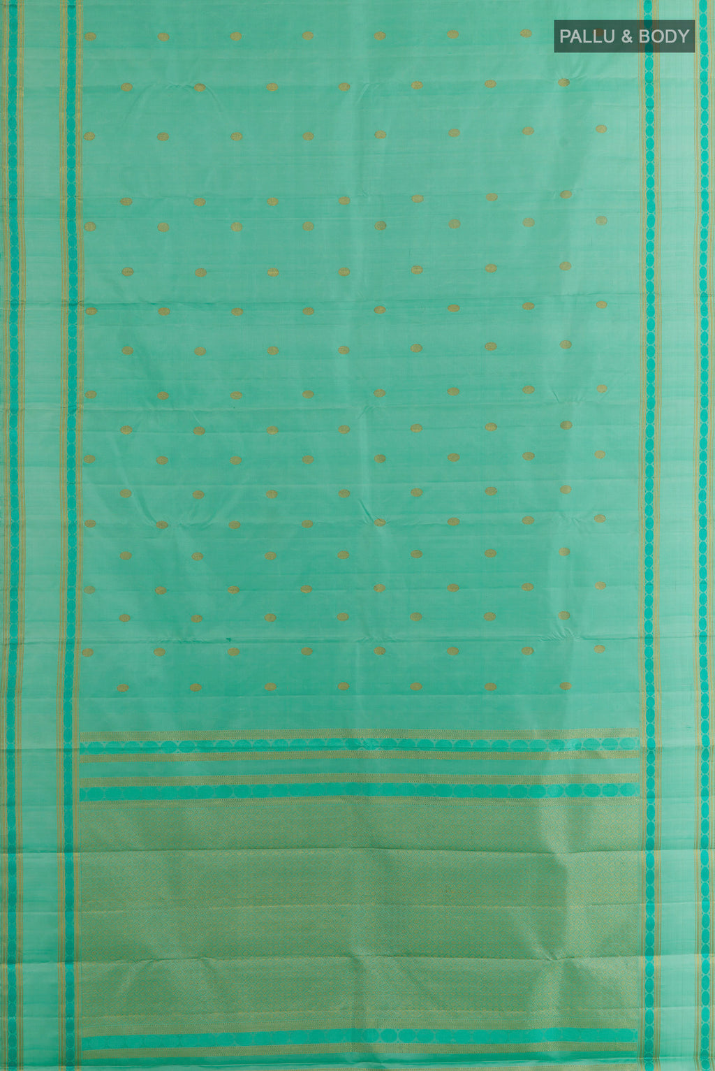 Flat view of Pure Silk Sea Green Kanjivaram Saree with Zari Butta on the body and Zari Border. 
