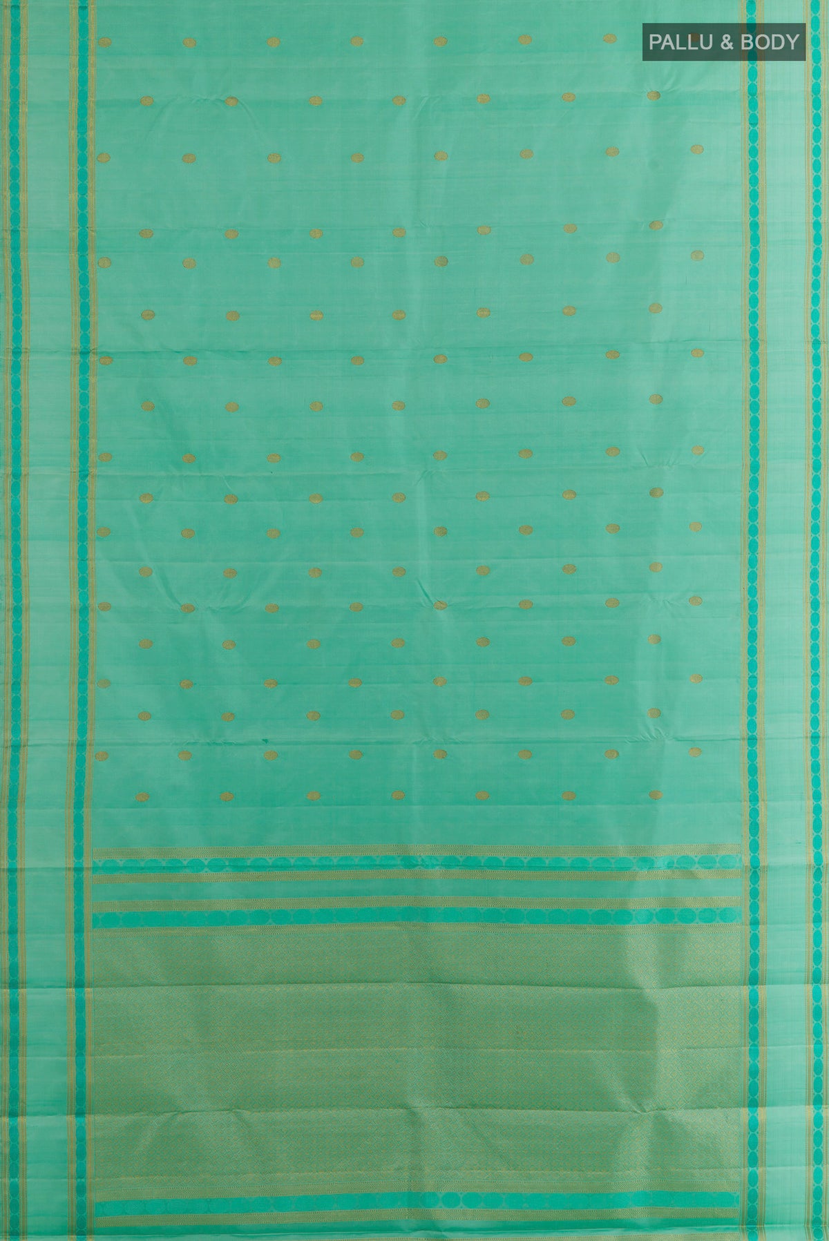 Flat view of Pure Silk Sea Green Kanjivaram Saree with Zari Butta on the body and Zari Border. 
