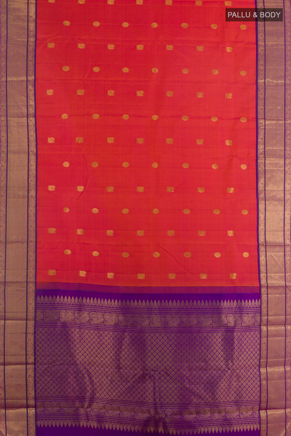 Flat view of Pure Silk Brick Orange Kanjivaram Saree with Zari Butta on the body and Zari Border. 