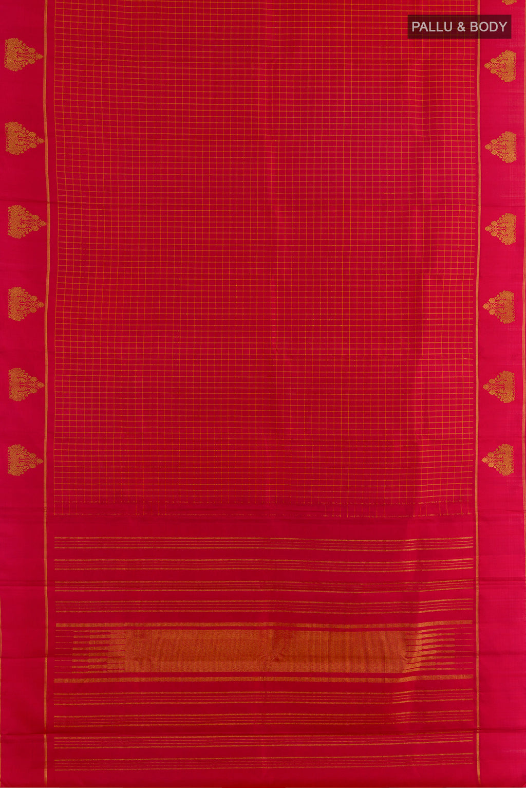 Flat view of Pure Silk Red Kanjivaram Saree with Checked design on the body and Zari Border. 