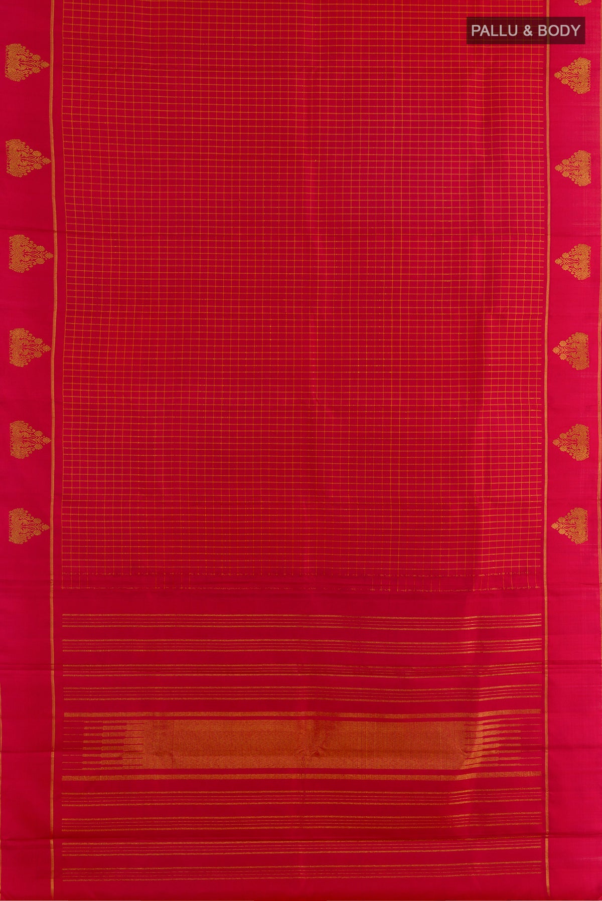 Flat view of Pure Silk Red Kanjivaram Saree with Checked design on the body and Zari Border. 