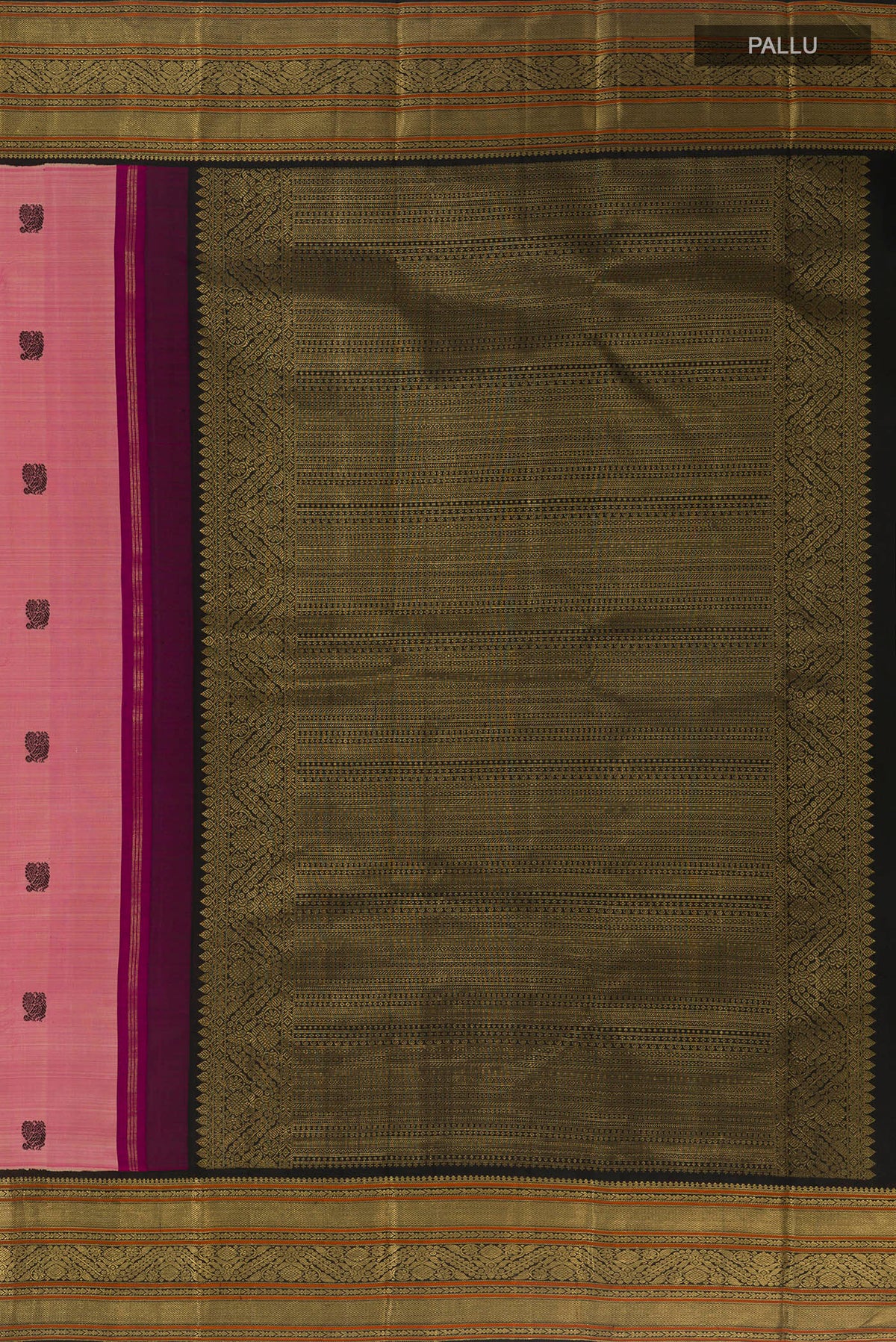 Close up image of the pallu of Pure Silk Coral Kanjivaram Saree with Thread Butta on the body and Zari Border. 