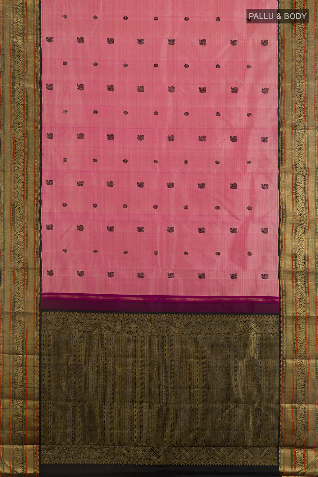 Flat view of Pure Silk Coral Kanjivaram Saree with Thread Butta on the body and Zari Border. 