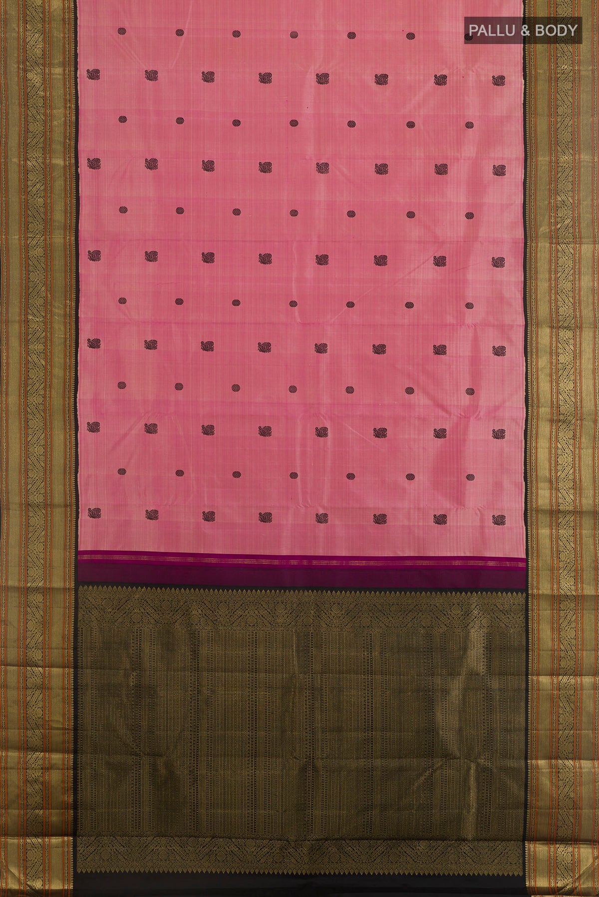 Flat view of Pure Silk Coral Kanjivaram Saree with Thread Butta on the body and Zari Border. 